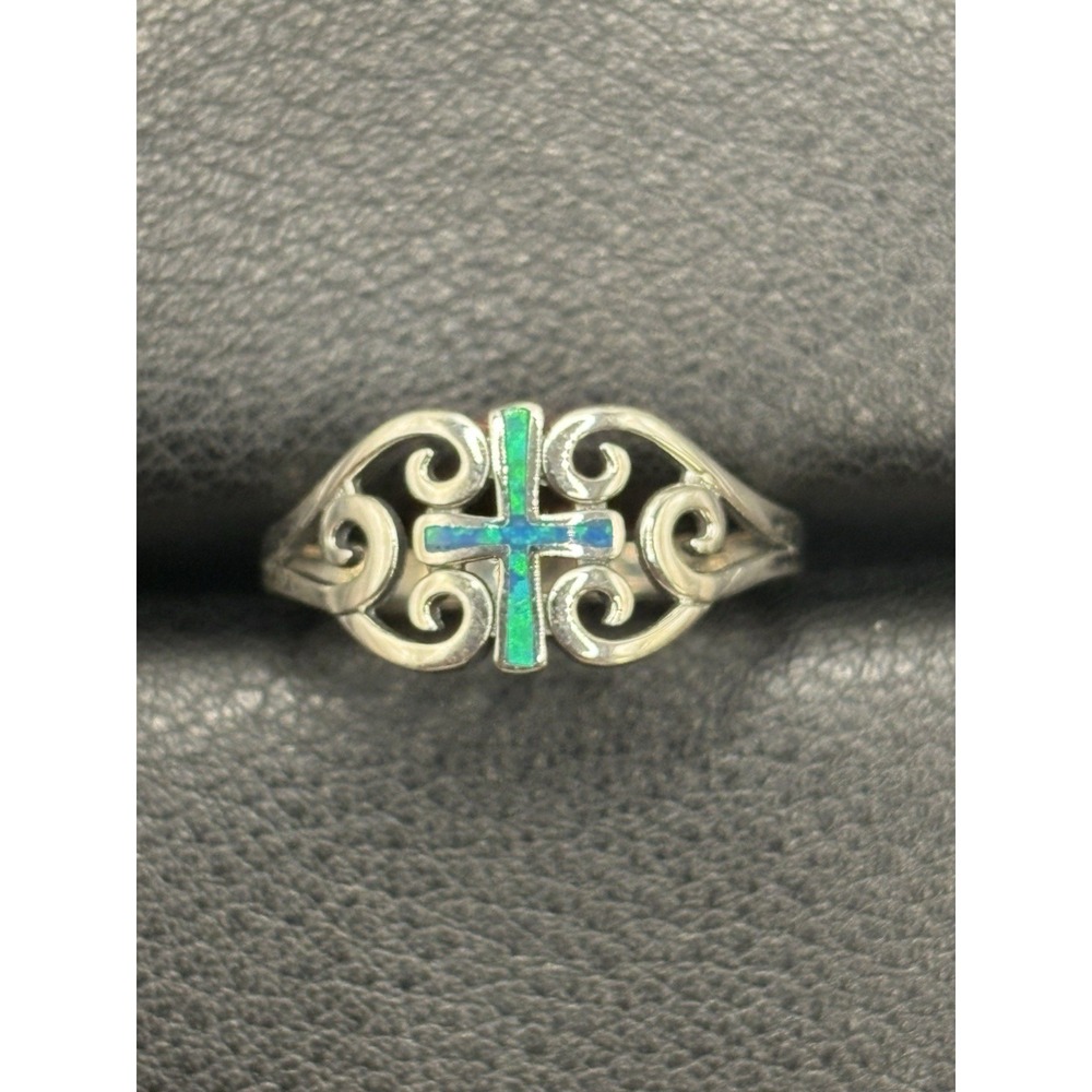 New Condition Sterling Silver Lab Blue Opal Cross Ring Size 7 F9